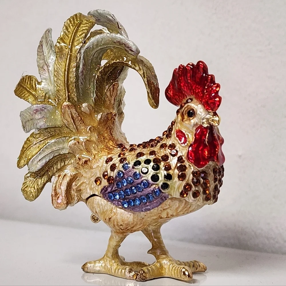 Vintage Trinket Box Rooster Jeweled Rhinestone Enameled Magnetic Close Funky
